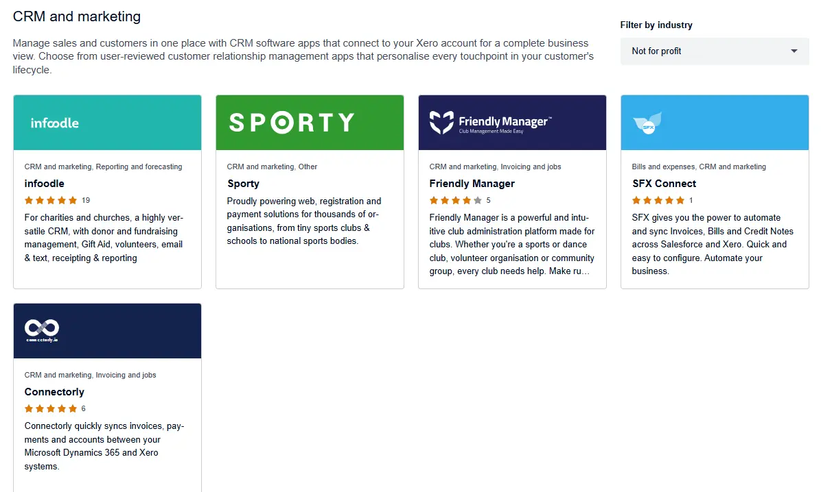 A screenshot of Xero's CRM Integrations for nonprofits